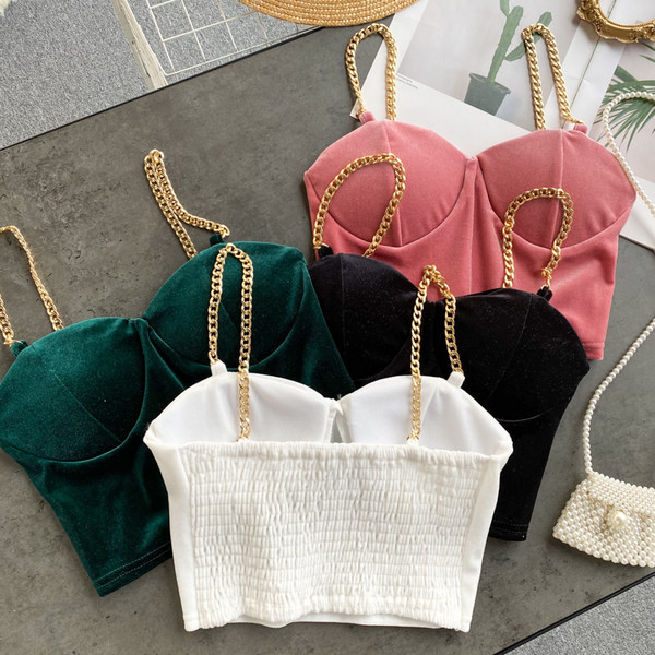 Top de damă scurt din catifea cu bretele metalice