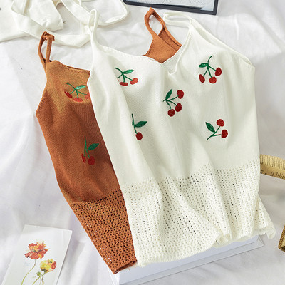 Καθημερινή γυναικεία αμάνικι μπλούζα με κεντήματα κεράσι σε διάφορα χρώματα