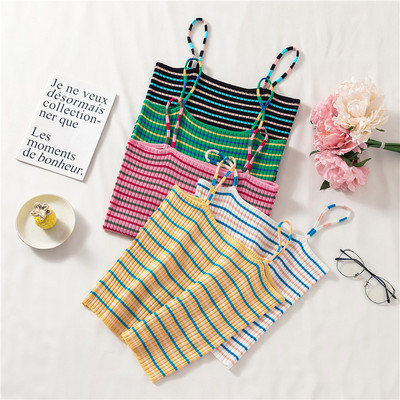 Women`s striped short tank top with thin straps