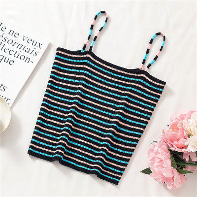 Sieviešu svītrains īss topiņš ar plānām lencēm