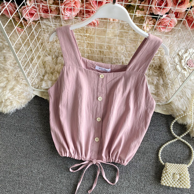 Γυναικεία μοντέρνα αμάνικι μπλούζα με ελαστική μέση και κουμπιά