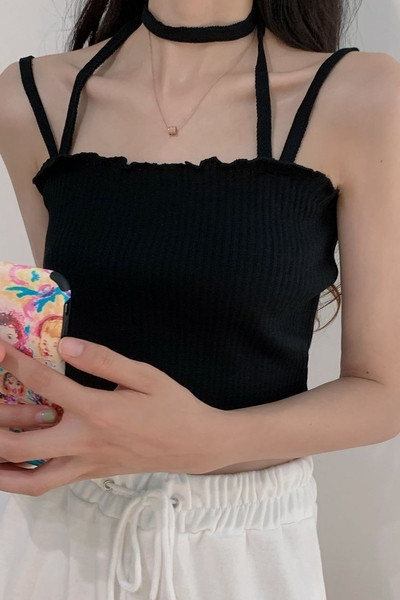 Top de damă scurt din catifea cu bretele subțiri