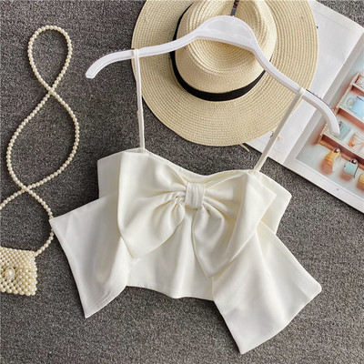 Κοντή γυναικεία μπλούζα με κορδέλα και λεπτά τιραντάκια