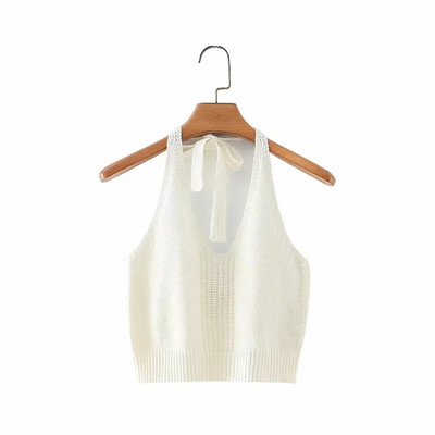 Maieu scurt tricotat, cu cravate și spate gol