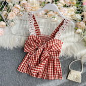 Maieu de damă în carouri cu panglică și bretele din dantelă