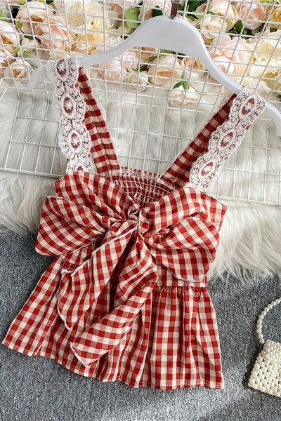 Maieu de damă în carouri cu panglică și bretele din dantelă