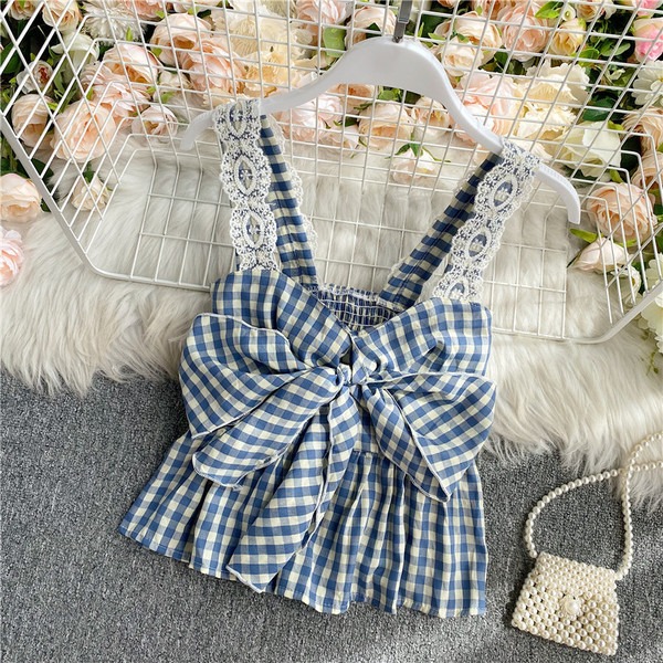 Maieu de damă în carouri cu panglică și bretele din dantelă