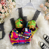 Top scurt de dama colorat cu bretele din dantela