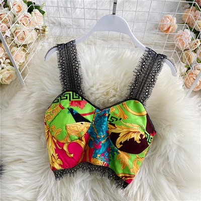 Top scurt de dama colorat cu bretele din dantela