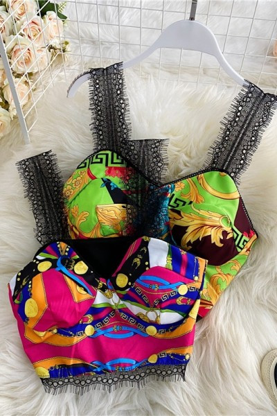 Top scurt de dama colorat cu bretele din dantela