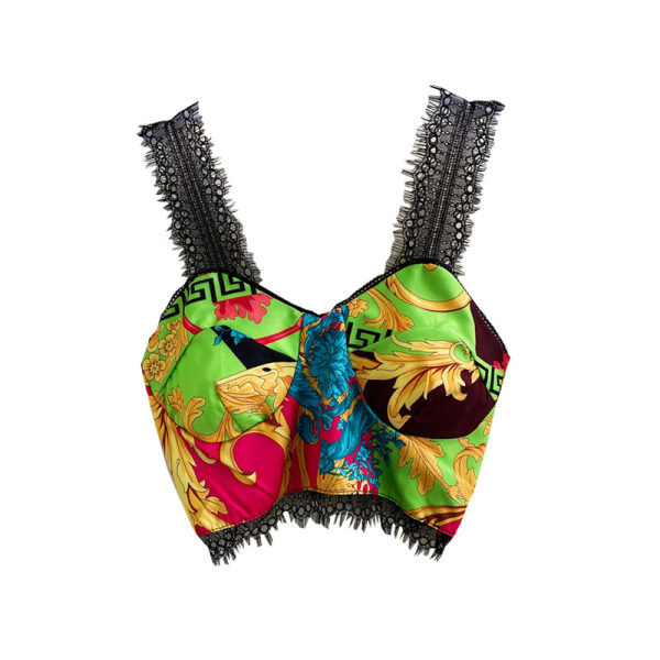 Top scurt de dama colorat cu bretele din dantela