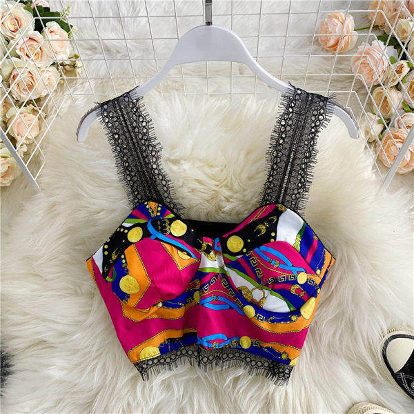 Top scurt de dama colorat cu bretele din dantela