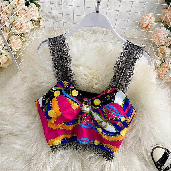 Top scurt de dama colorat cu bretele din dantela