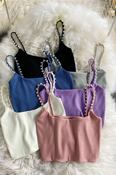 Maieu scurt de damă cu bretele subțiri și perle