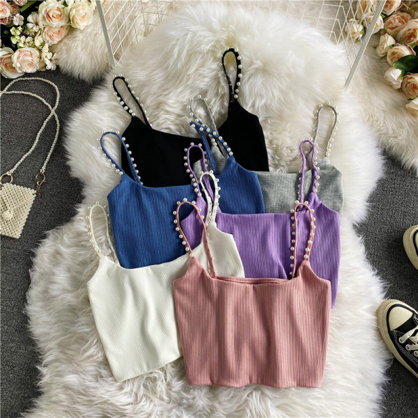 Maieu scurt de damă cu bretele subțiri și perle