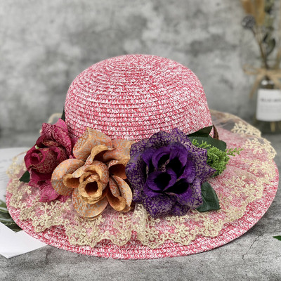 Palarie de dama cu flori colorate si dantela