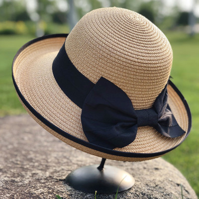 Pălărie de paie pentru femei cu panglică 3D și vizor