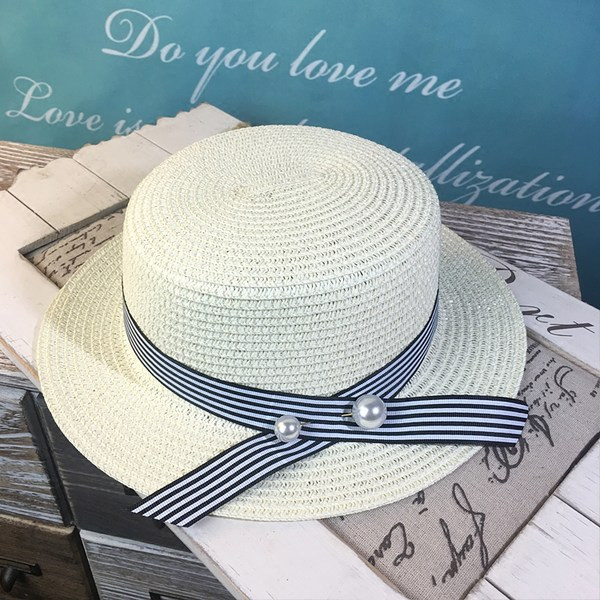 Palarie de paie dama cu panglica in dungi si perle