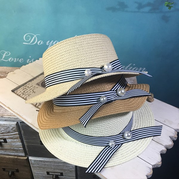 Palarie de paie dama cu panglica in dungi si perle