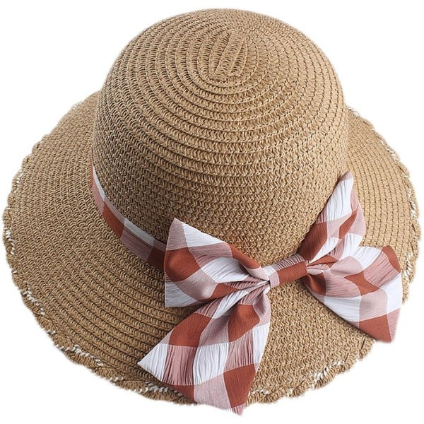 Γυναικείο ψάθινο καπέλο με καρό κορδέλα