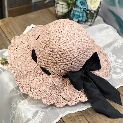 Palarie de paie de dama tricotata cu panglica in negru