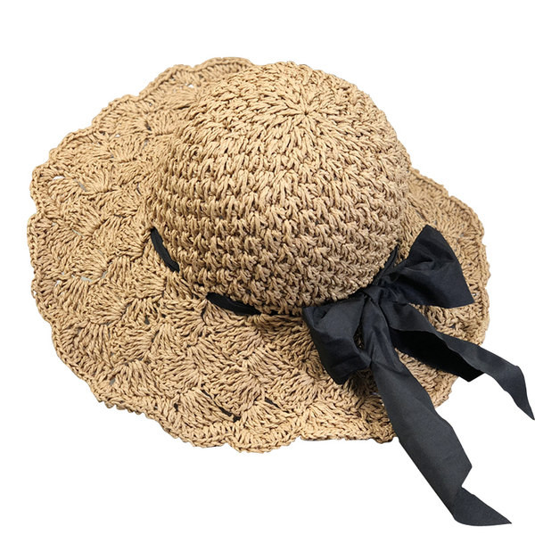 Palarie de paie de dama tricotata cu panglica in negru