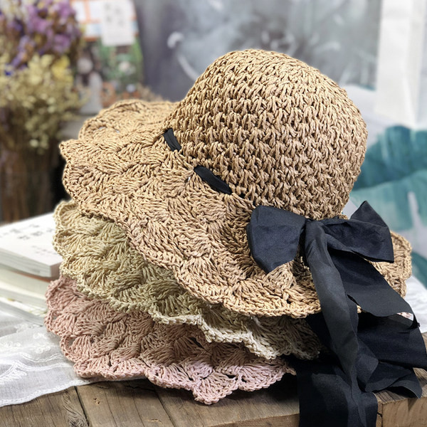 Palarie de paie de dama tricotata cu panglica in negru