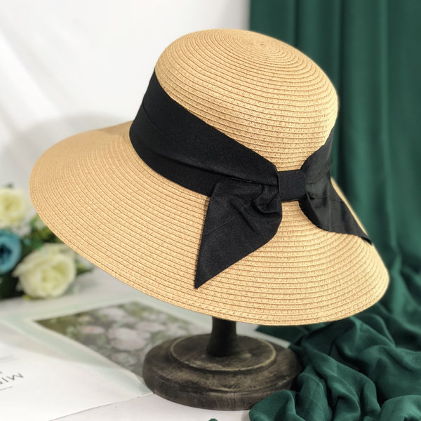 Palarie de plaja dama cu panglica neagra
