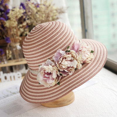 Pălărie de paie pentru femei cu flori 3D