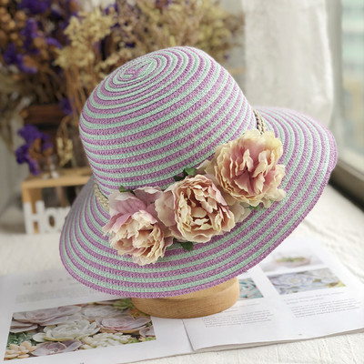 Pălărie de paie pentru femei cu flori 3D