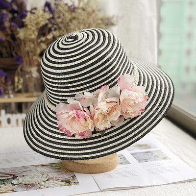 Pălărie de paie pentru femei cu flori 3D