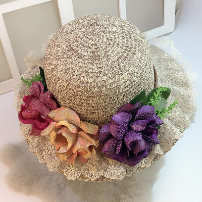 Palarie de plaja dama cu flori 3D si dantela