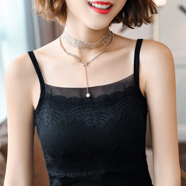 Maieu de damă cu dantelă și bretele în alb și negru