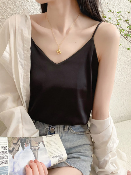 Ženska satenska majica bez rukava s tankim naramenicama i V-izrezom
