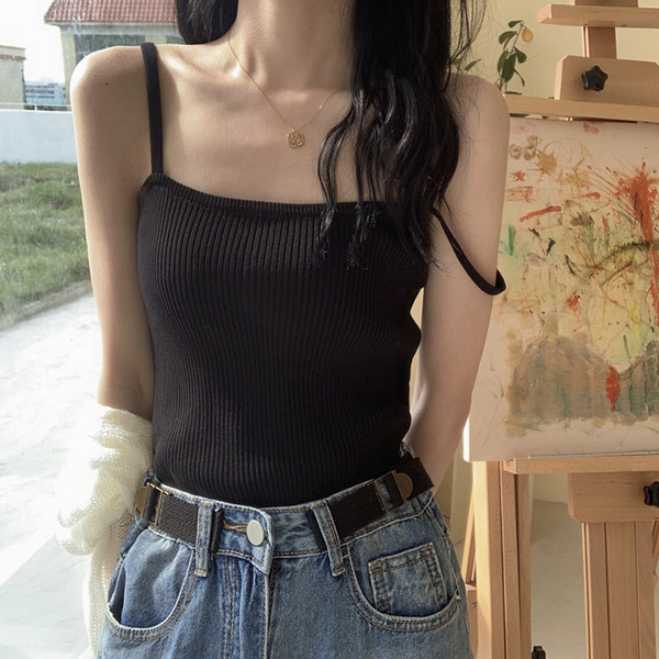 Maieu casual de damă, din catifea, cu decolteu pătrat și bretele subțiri