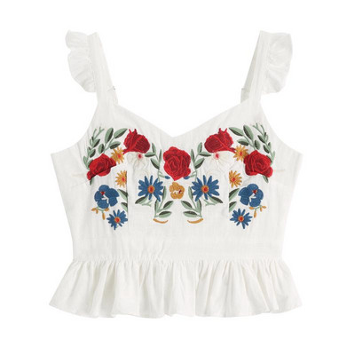 Κοντή αμάνικι μπλούζα με βολάν και κεντήματα