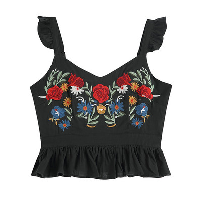 Κοντή αμάνικι μπλούζα με βολάν και κεντήματα