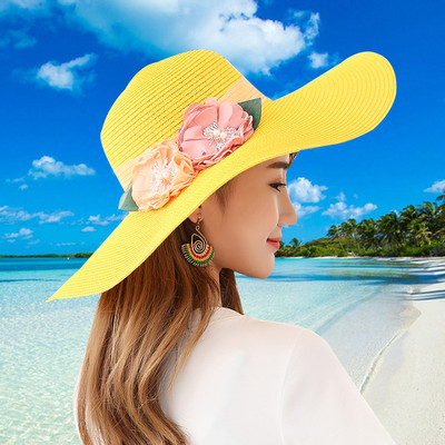 Palarie de paie dama cu franjuri si decor floral