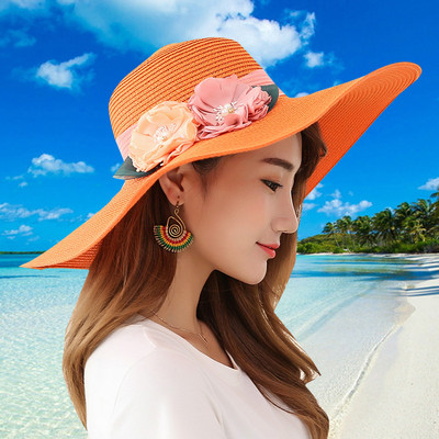 Palarie de paie dama cu franjuri si decor floral