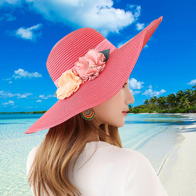 Palarie de paie dama cu franjuri si decor floral