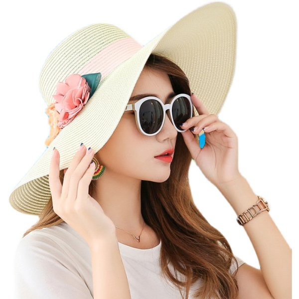 Palarie de paie dama cu franjuri si decor floral