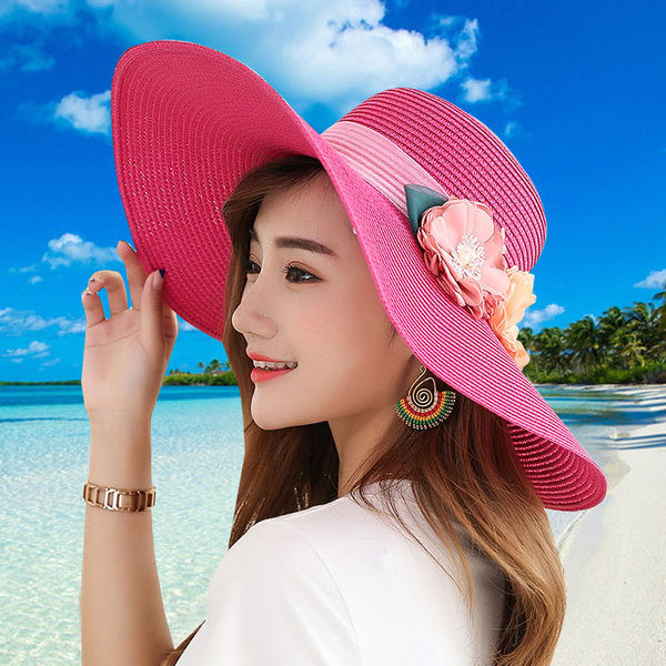 Palarie de paie dama cu franjuri si decor floral