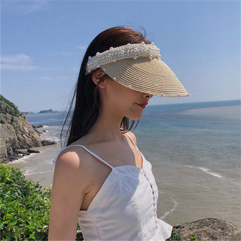 Γυναικείο ψάθινο καπέλο με γείσο με διακόσμηση από πέρλες