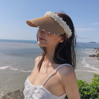 Γυναικείο ψάθινο καπέλο με γείσο με διακόσμηση από πέρλες