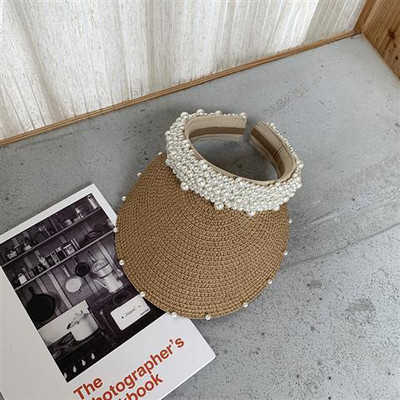 Vizor de plajă de damă din paie cu decor de perle
