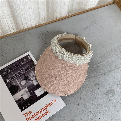 Vizor de plajă de damă din paie cu decor de perle