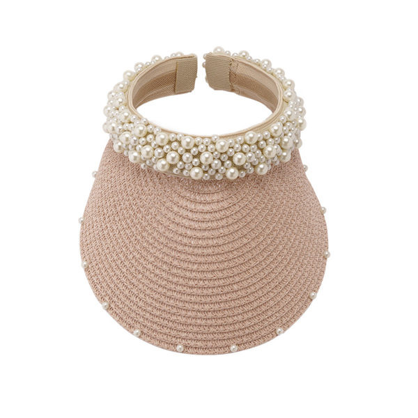 Vizor de plajă de damă din paie cu decor de perle