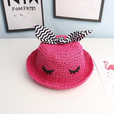 Pălărie de paie tricotată pentru femei cu panglică în dungi