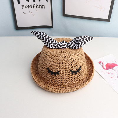 Pălărie de paie tricotată pentru femei cu panglică în dungi