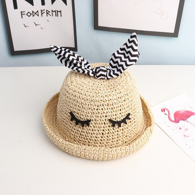 Pălărie de paie tricotată pentru femei cu panglică în dungi
